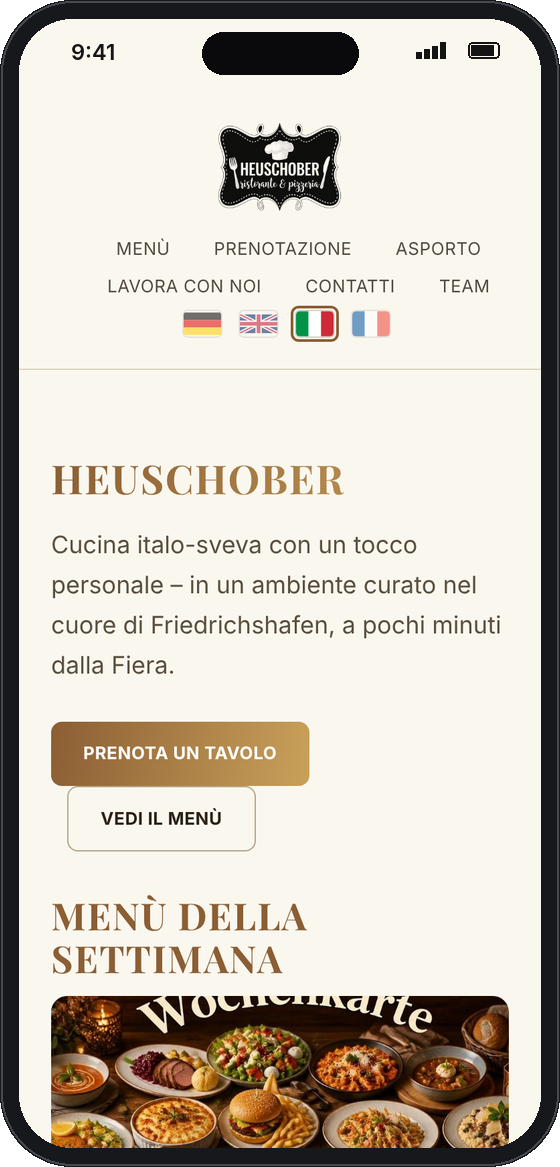 Heuschober-Startseite auf Italienisch mit ausgewählter italienischer Flagge