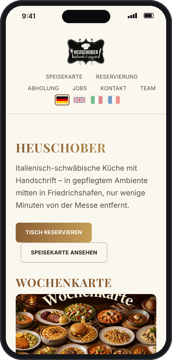 Startseite von Heuschober auf dem Handy mit Logo, Willkommenstext und Wochenkarte